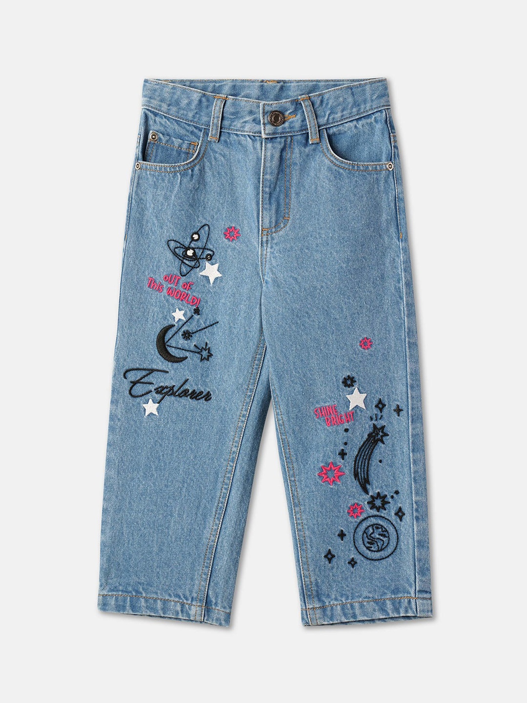 R&B Girls Embroidered Mid-Rise Clean Look Cotton Jeans, Blue