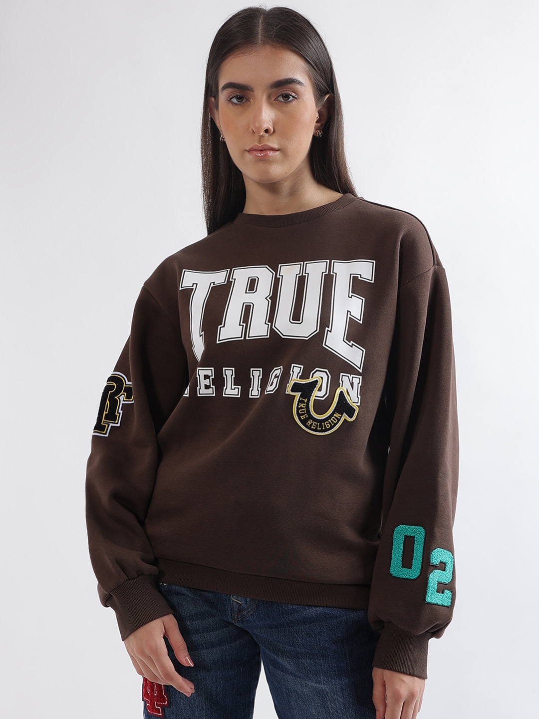 

True Religion Alphanumeric Printed Round Neck Pullover Sweatshirt, Brown