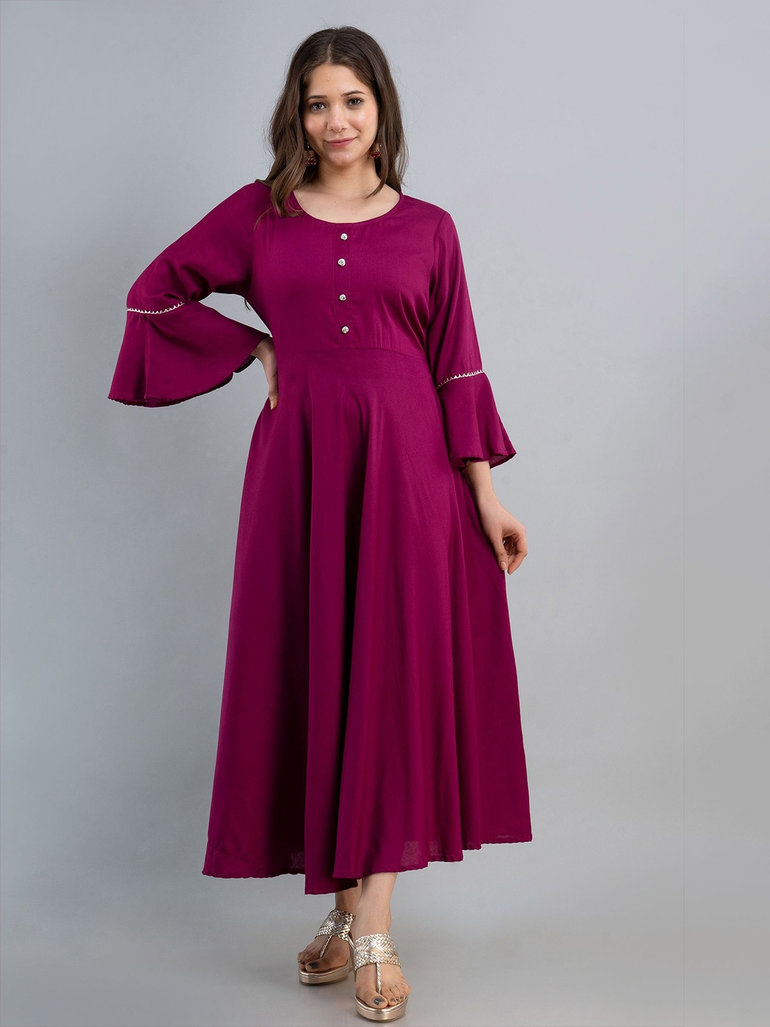 

NAMDEV Round Neck Bell Sleeve Gathered Fit & Flare Maxi Ethnic Dress, Purple