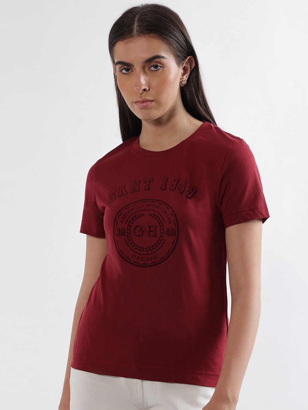 GANT Typography Printed Cotton T-shirt, Maroon