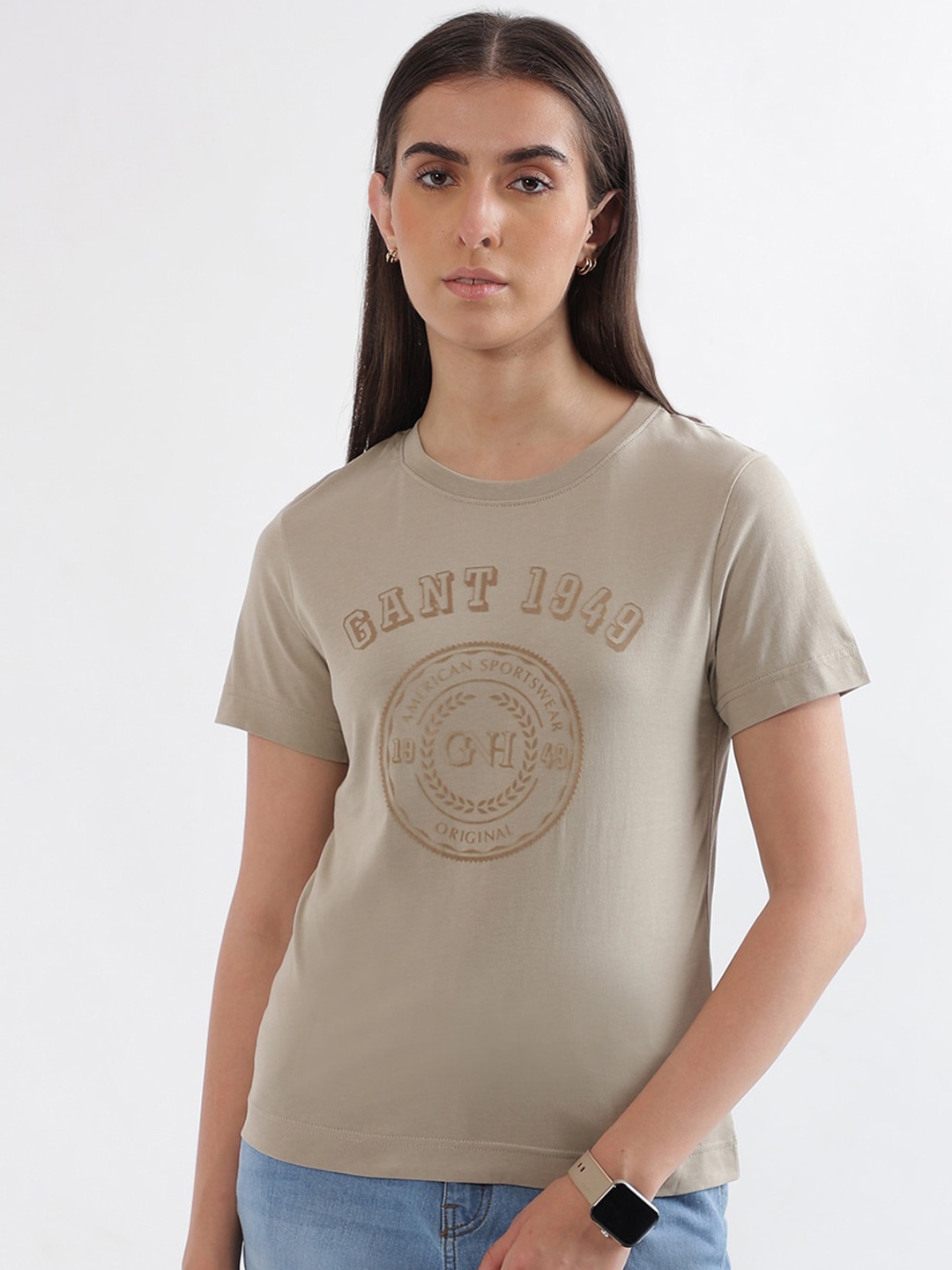 

GANT Typography Printed Round Neck Pure Cotton T-shirt, Beige