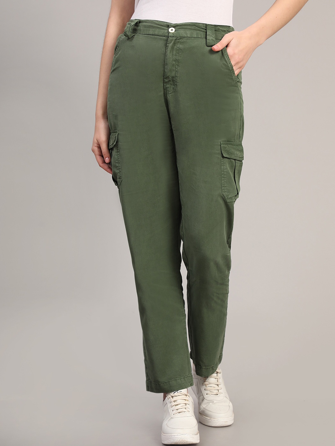 

Pomegal Women Mid Rise Regular Fit Plain Cargos, Olive