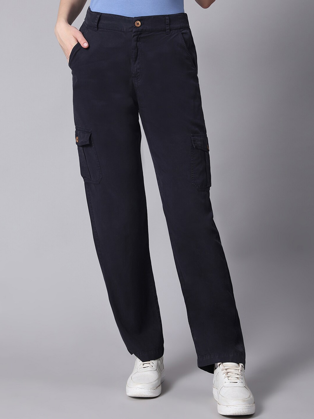 

Pomegal Women Mid Rise Loose Fit Plain Cargos, Navy blue