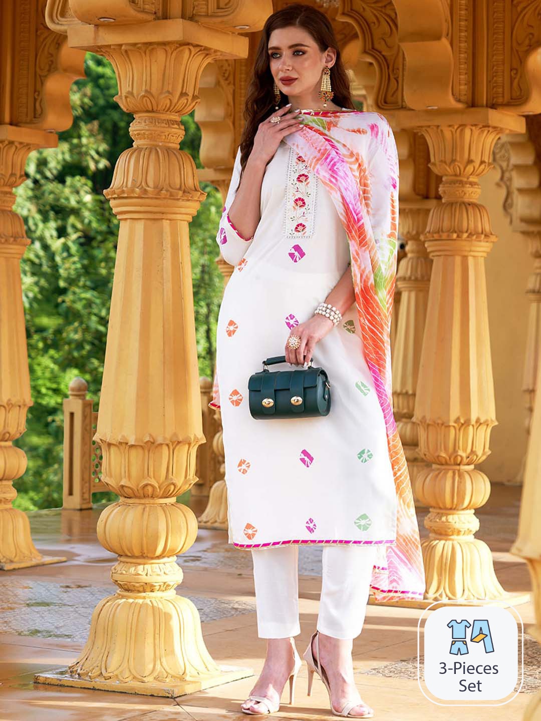 

KALINI Ethnic Motifs Printed Gotta Patti Kurta With Trousers & Dupatta, White