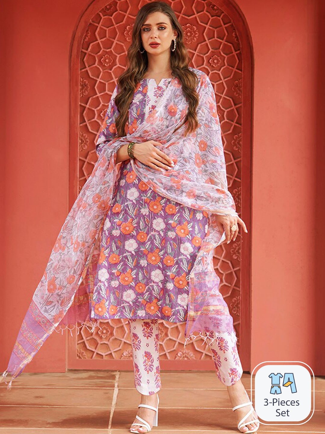 

KALINI Floral Printed Regular Straight Kurta with Trousers & Dupatta, Violet
