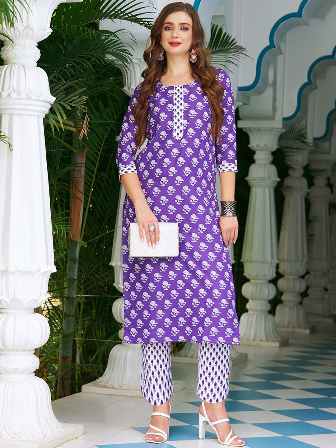 

KALINI Ethnic Motifs Printed Regular Gotta Patti Kurta With Trousers, Violet