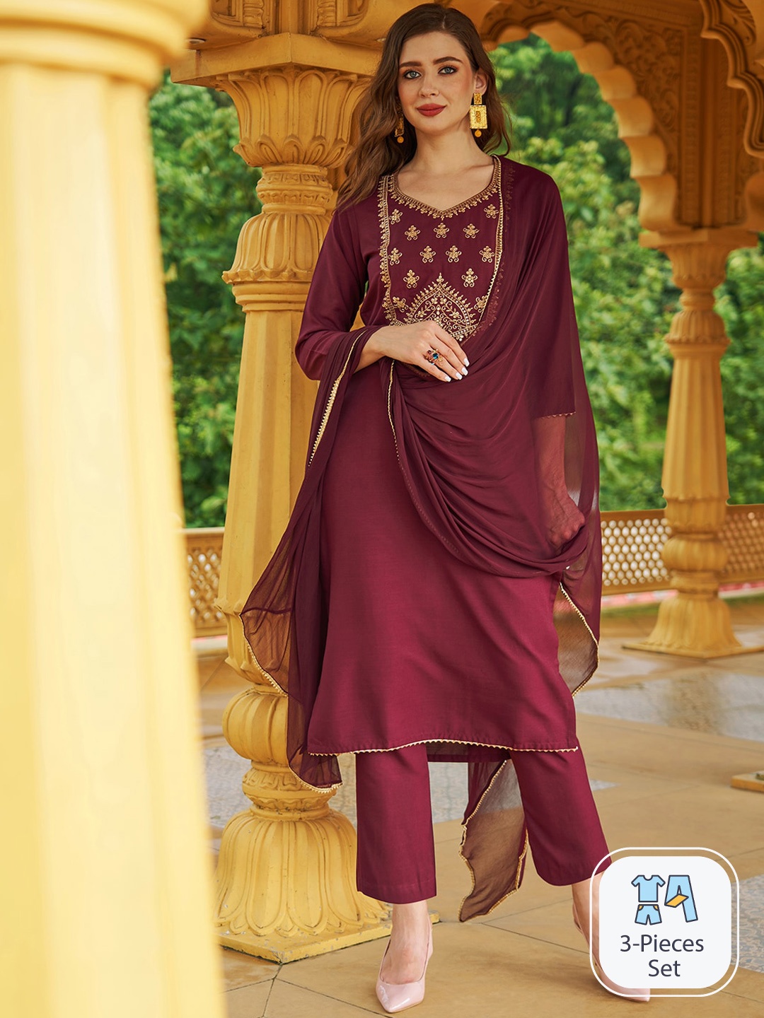 

KALINI Ethnic Motifs Embroidered Sequinned Kurta With Trousers & Dupatta, Burgundy