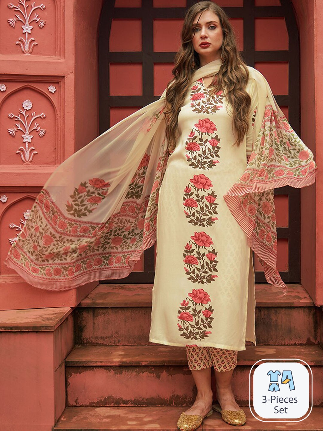 

KALINI Floral Printed Regular Gotta Patti Kurta With Trousers & Dupatta, Cream