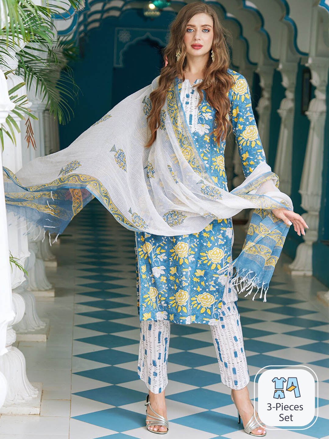 

KALINI Floral Printed Regular Gotta Patti Kurta With Trousers & Dupatta, Blue