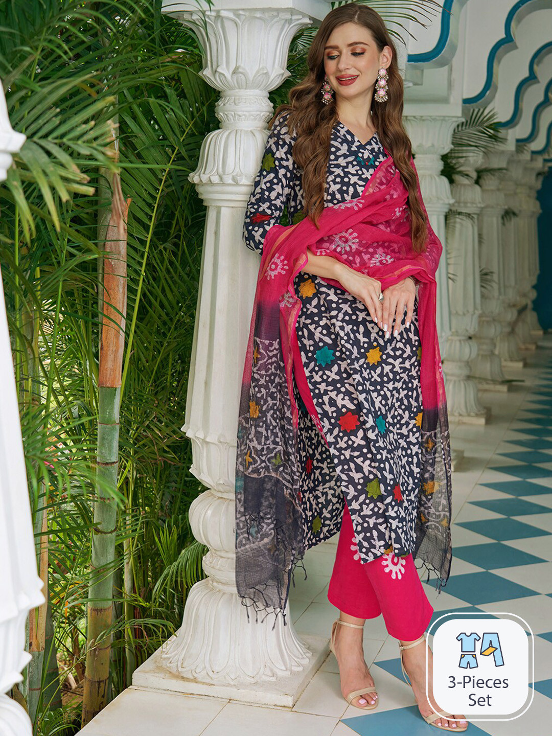 

KALINI Ethnic Motifs Batik Printed V-Neck Straight Kurta & Trousers With Dupatta, Blue