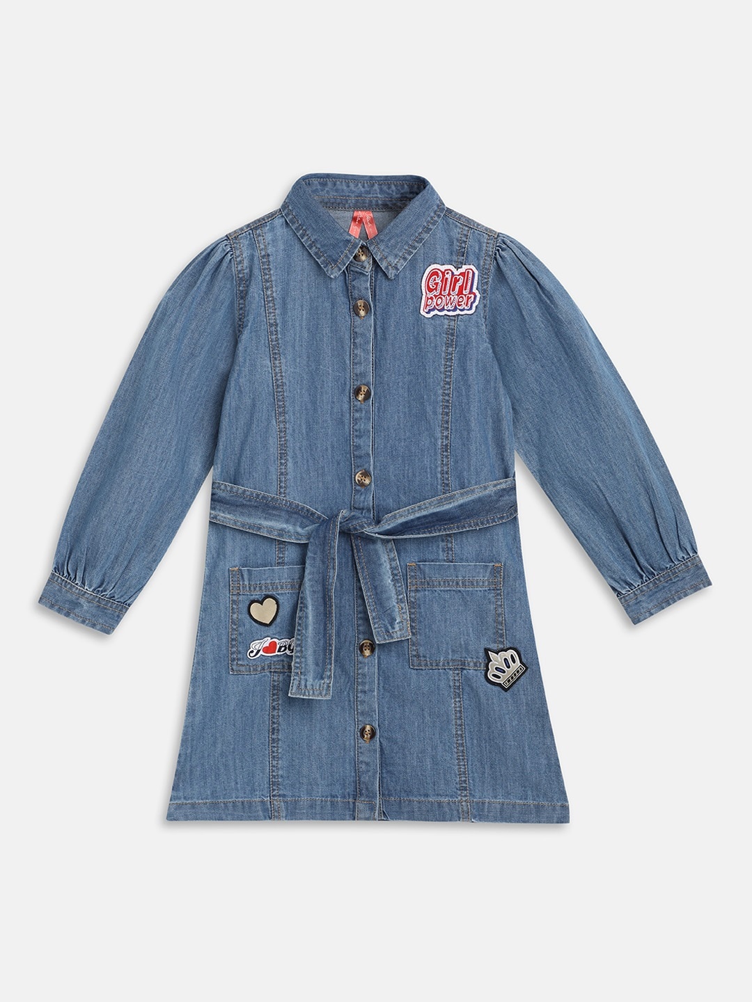 

Blue Giraffe Girls Applique Detail Belted Denim Pure Cotton Shirt Dress