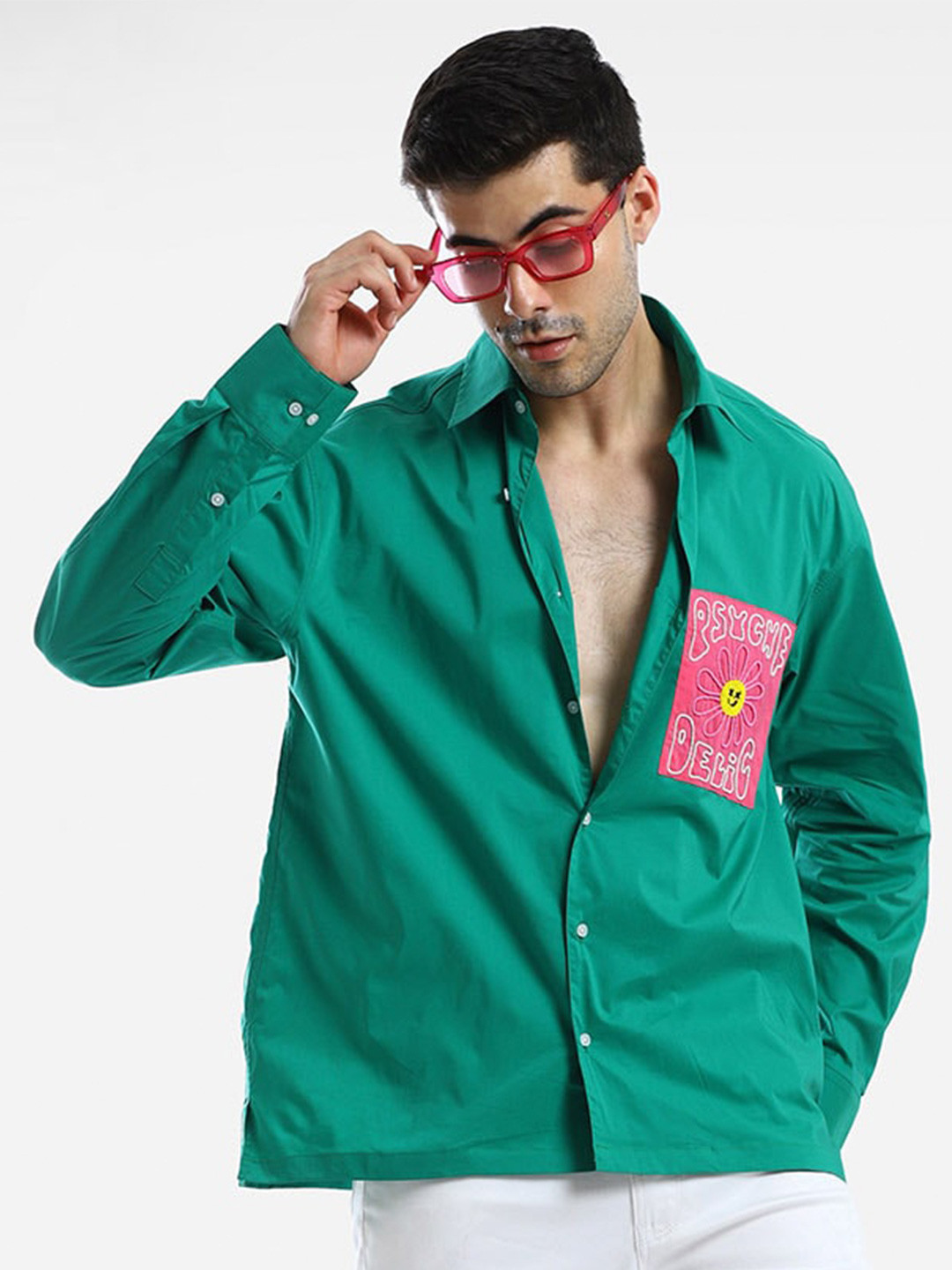 

Komal Kothari Comfort Fit Floral Printed Embellished Detail Oversized Cotton Shirt, Green