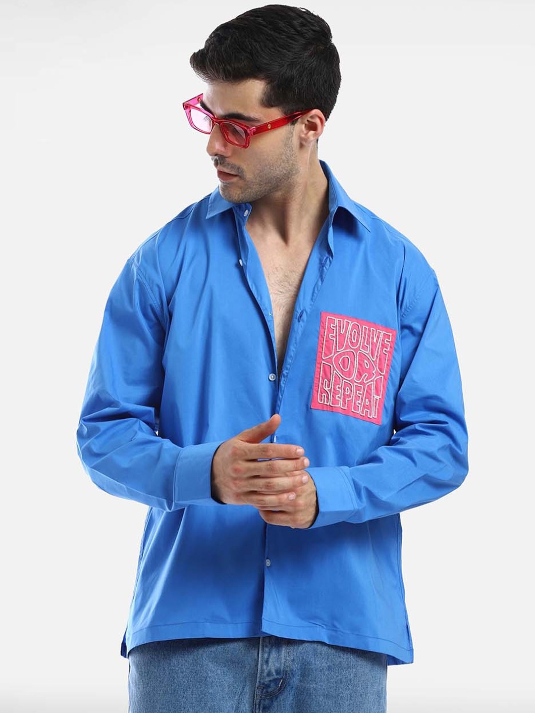 

Komal Kothari Comfort Spread Collar Cotton Applique Oversized Shirt, Blue