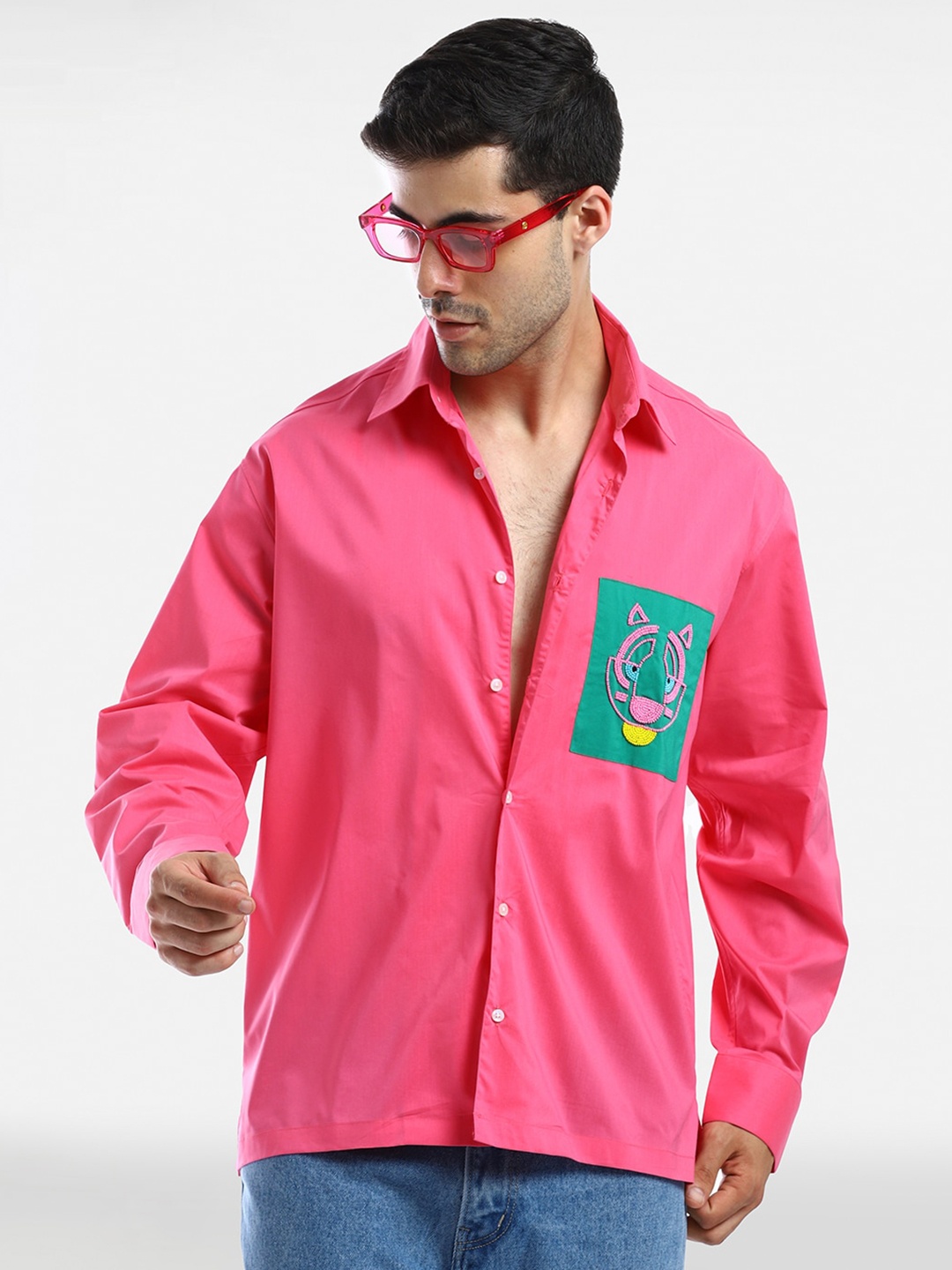 

Komal Kothari Comfort Spread Collar Cotton Applique Oversized Shirt, Pink