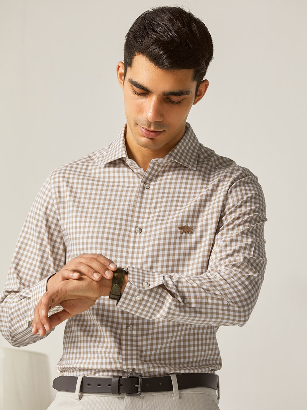 

Andamen Premium Slim Fit Grid Tattersall Checks Checked Cotton Formal Shirt, Khaki