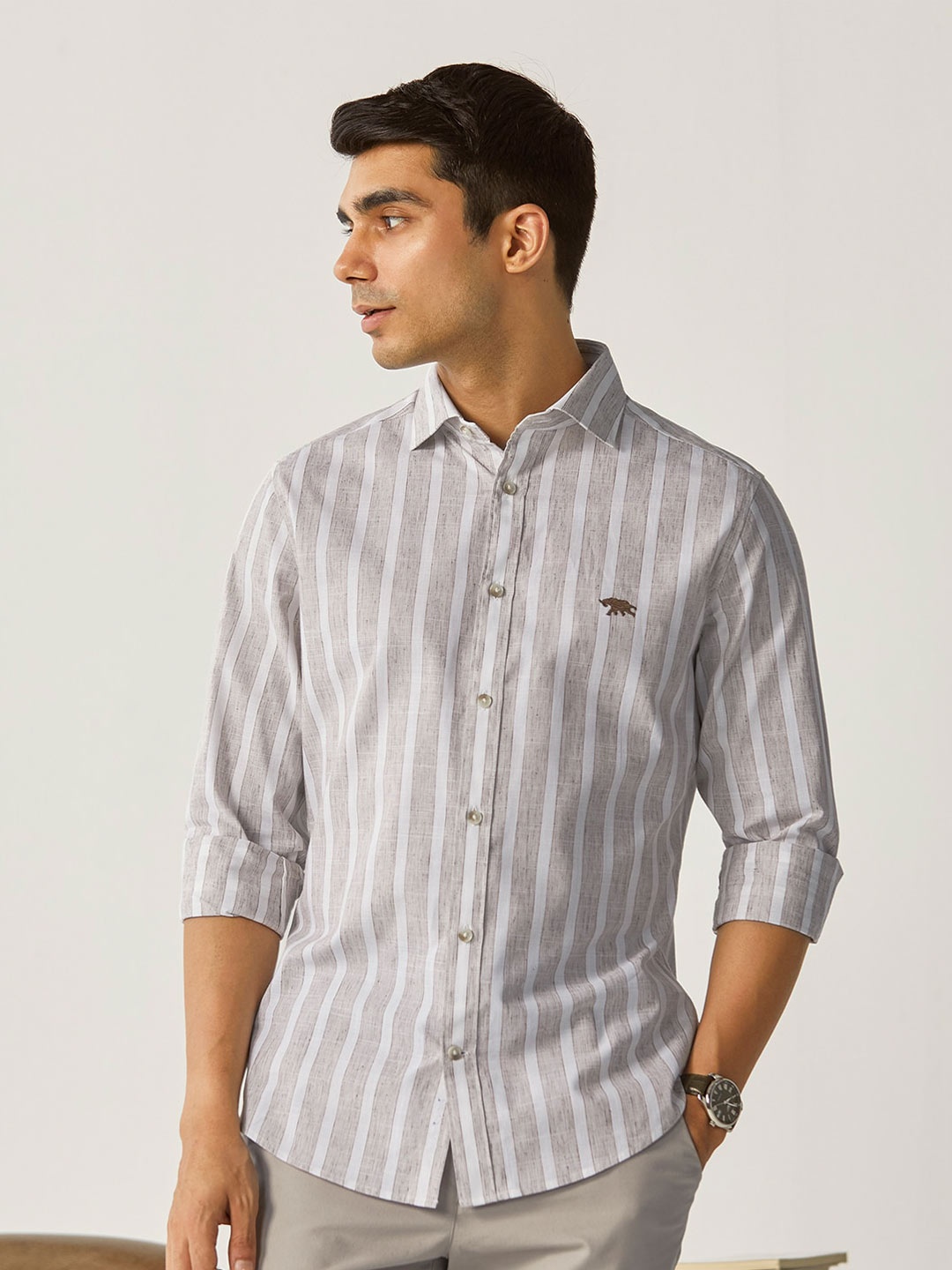 

Andamen Premium Vertical Stripes Striped Cotton Formal Shirt, Khaki