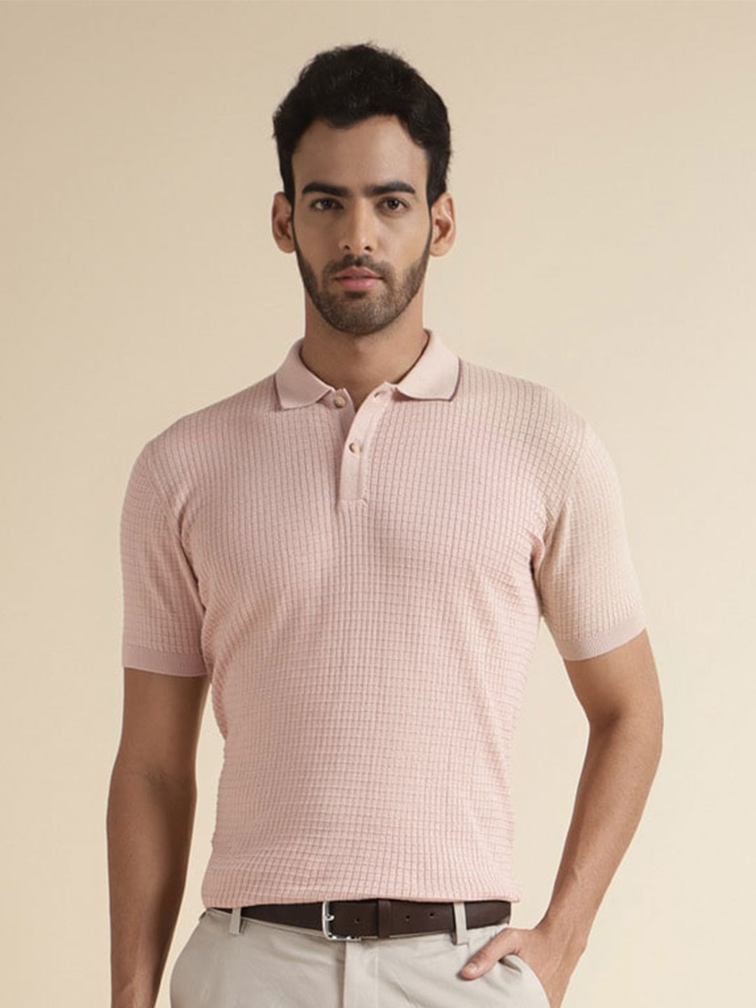 

Andamen Self Design Polo Collar Cotton T-shirt, Pink