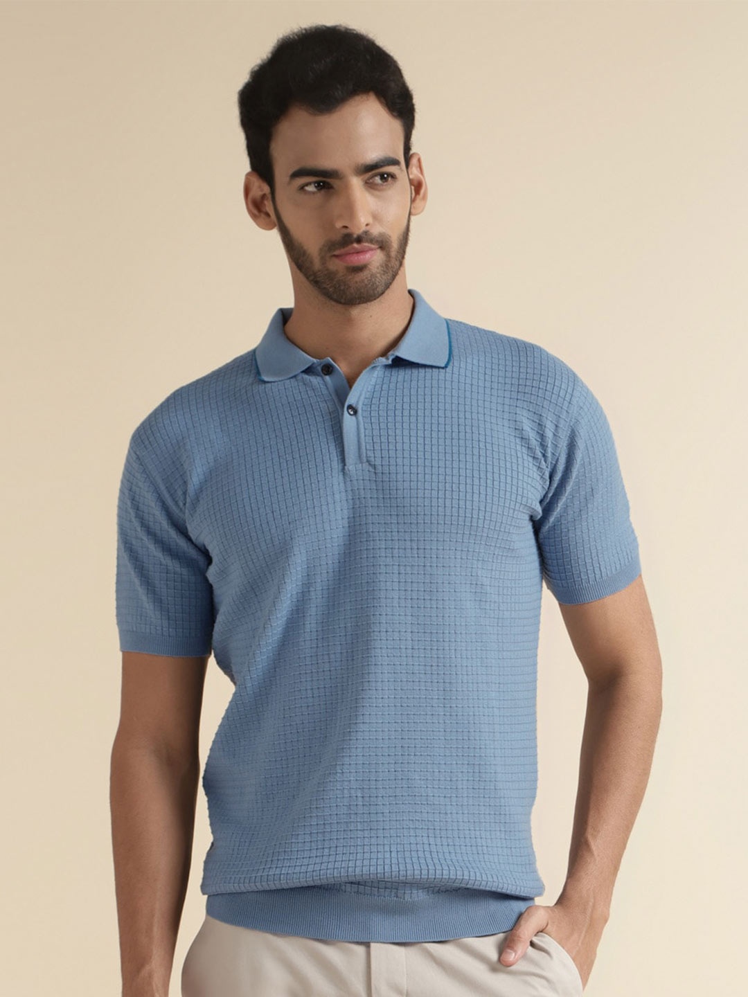 

Andamen Self Design Polo Collar Cotton T-shirt, Blue