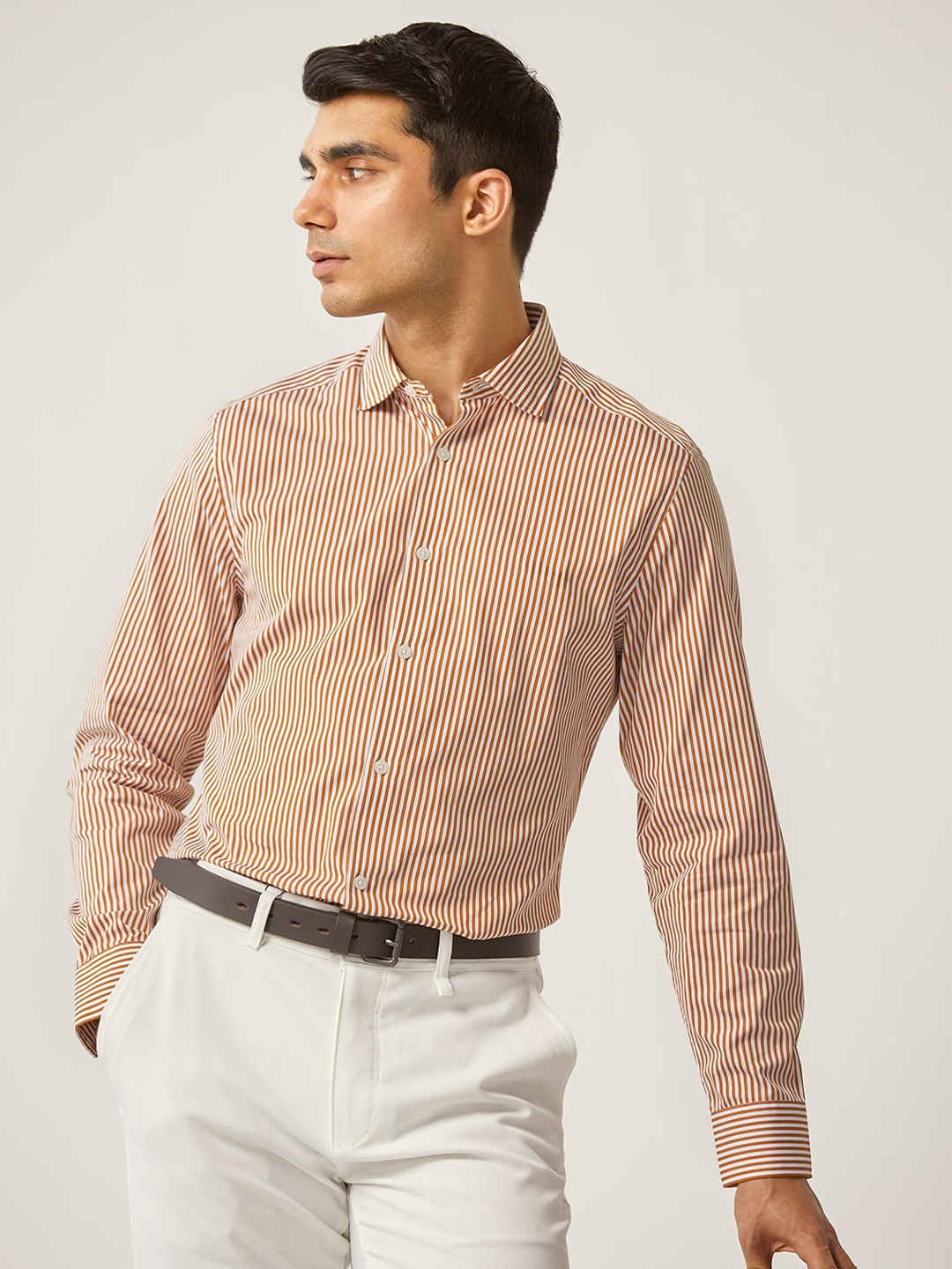 

Andamen Premium Striped Cutaway Collar Cotton Formal Shirt, White