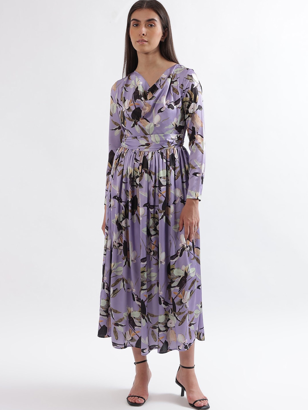 

CENTRESTAGE Floral Printed Cowl Neck Fit & Flare Midi Dress, Lavender