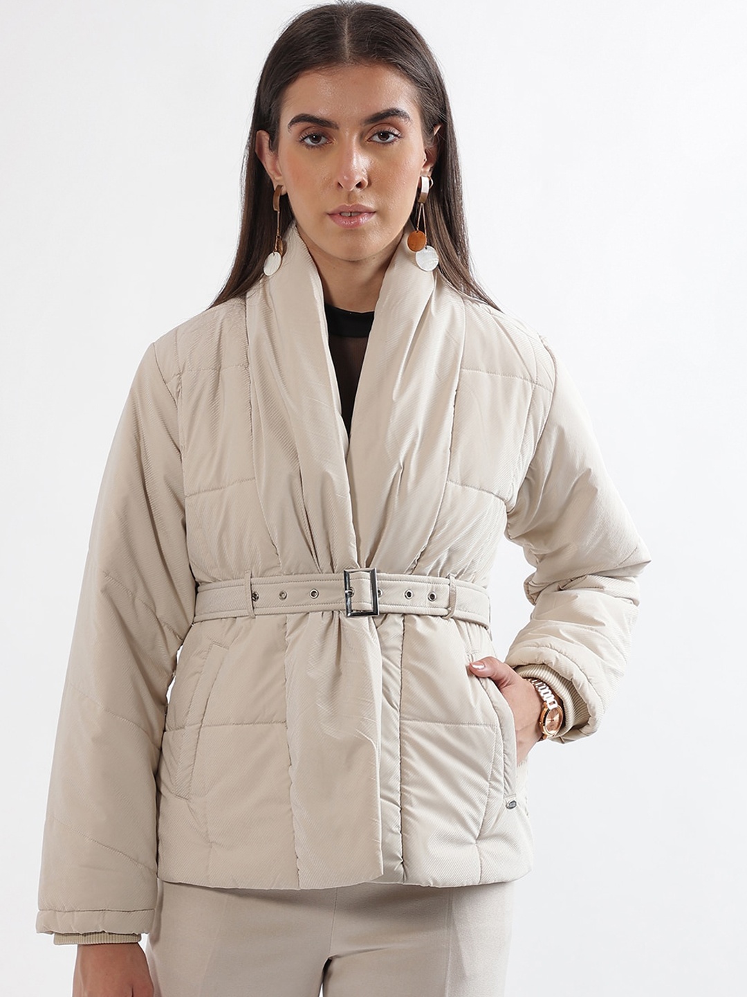 

ELLE Shawl Collar Open Front Jacket With Belt, Beige