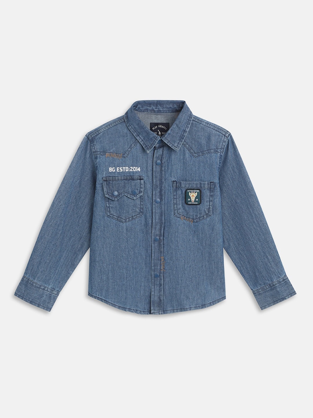 

Blue Giraffe Boys Embroidered Denim Casual Pure Cotton Faded Shirt