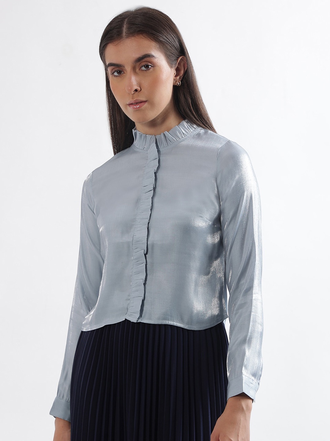 

CENTRESTAGE Mandarin Collar Cuffed Sleeves Shirt Style Top, Grey