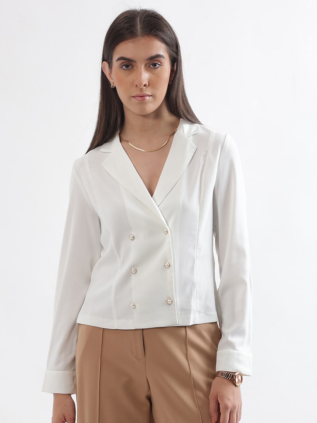 

CENTRESTAGE V-Neck Cuffed Sleeves Shirt Style Top, Off white