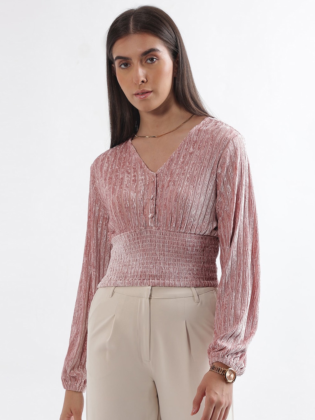 

CENTRESTAGE Self Design V-Neck Long Sleeves Smocked Top, Peach