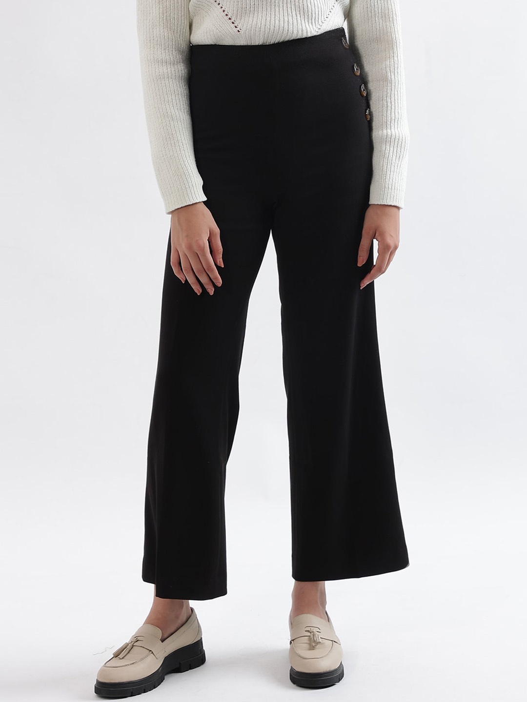 

CENTRESTAGE Women Flared High-Rise Trousers, Black