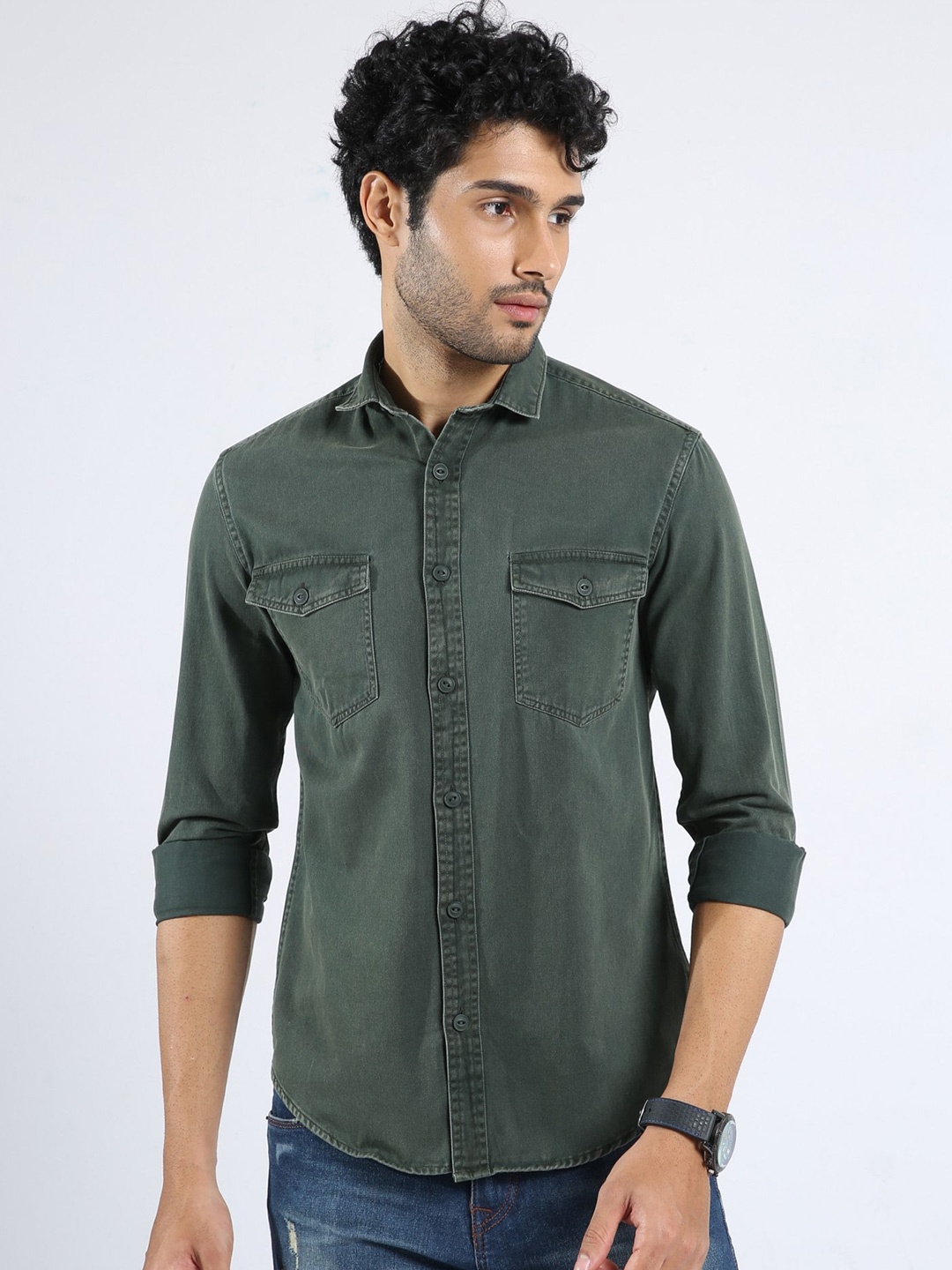 

BADMAASH Slim Fit Opaque Pure Cotton Casual Shirt, Olive
