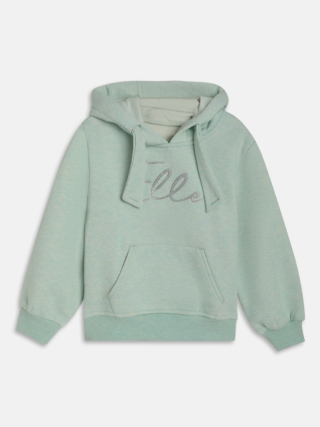 

ELLE Girls Typography Printed Hooded Kangaroo Pocket Ribbed Pullover, Green