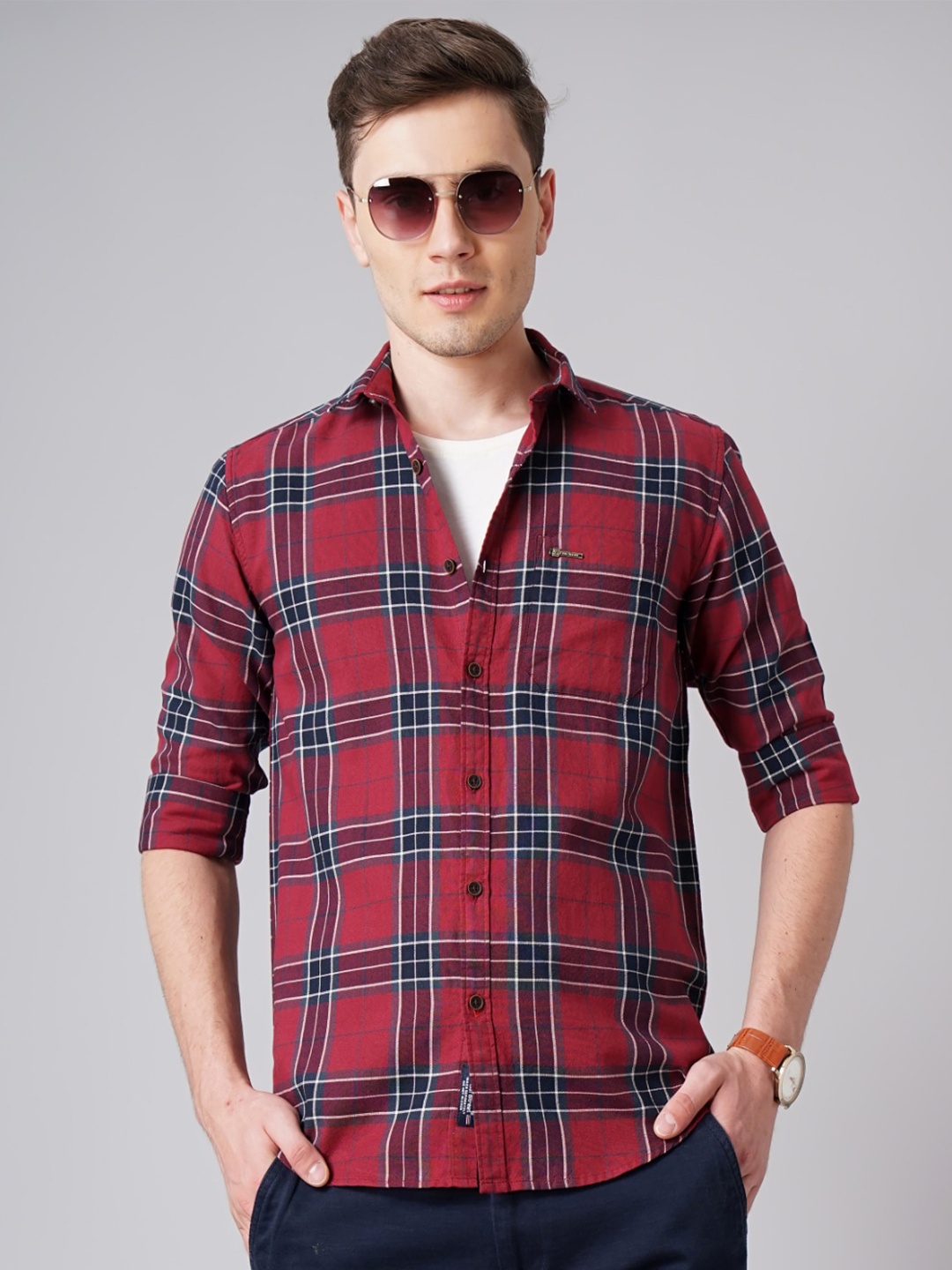 

PAUL STREET Standard Slim Fit Tartan Checks Oxford Cotton Casual Shirt, Red