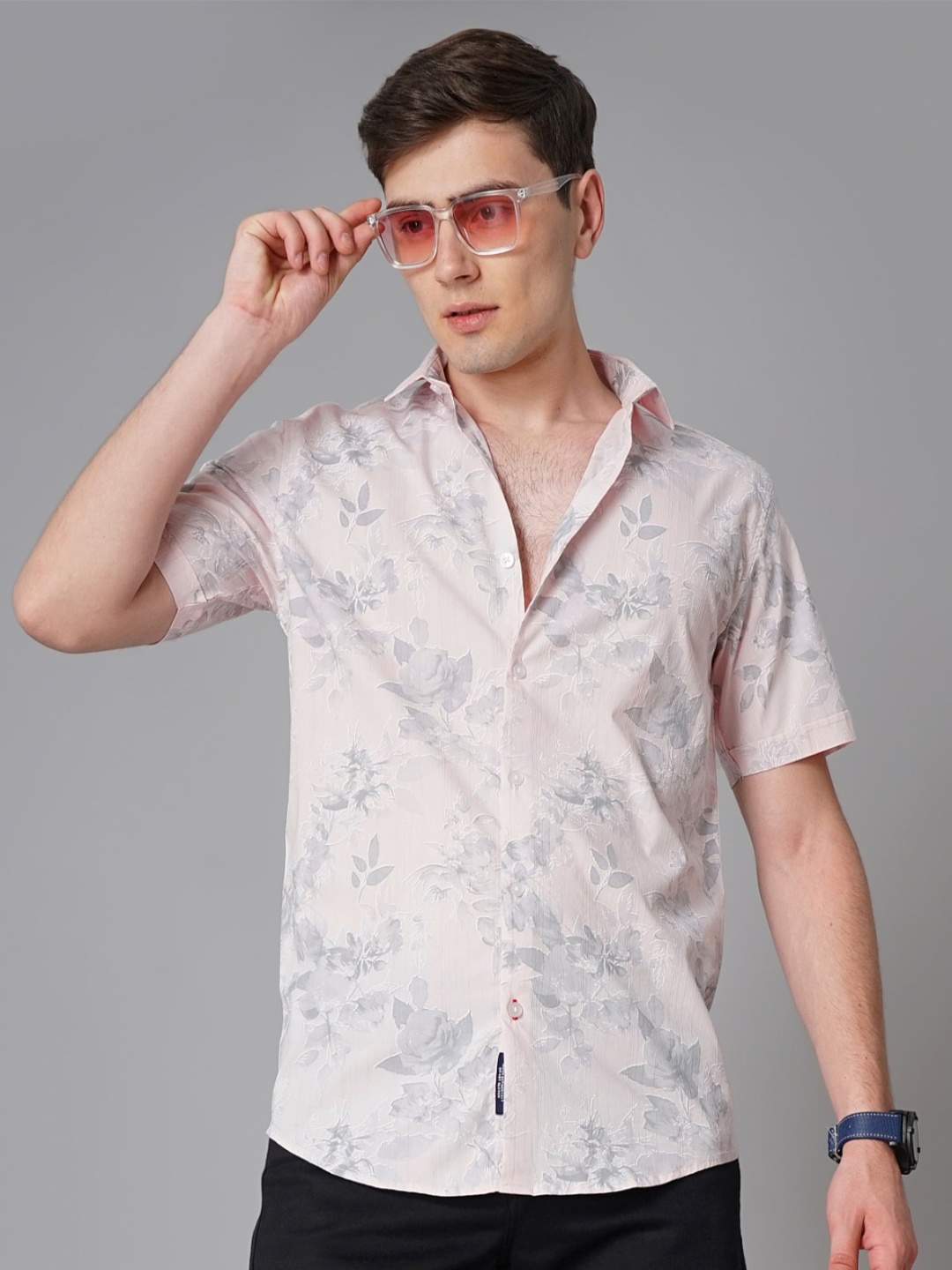 

PAUL STREET Standard Slim Fit Floral Printed Cotton Casual Shirt, Pink