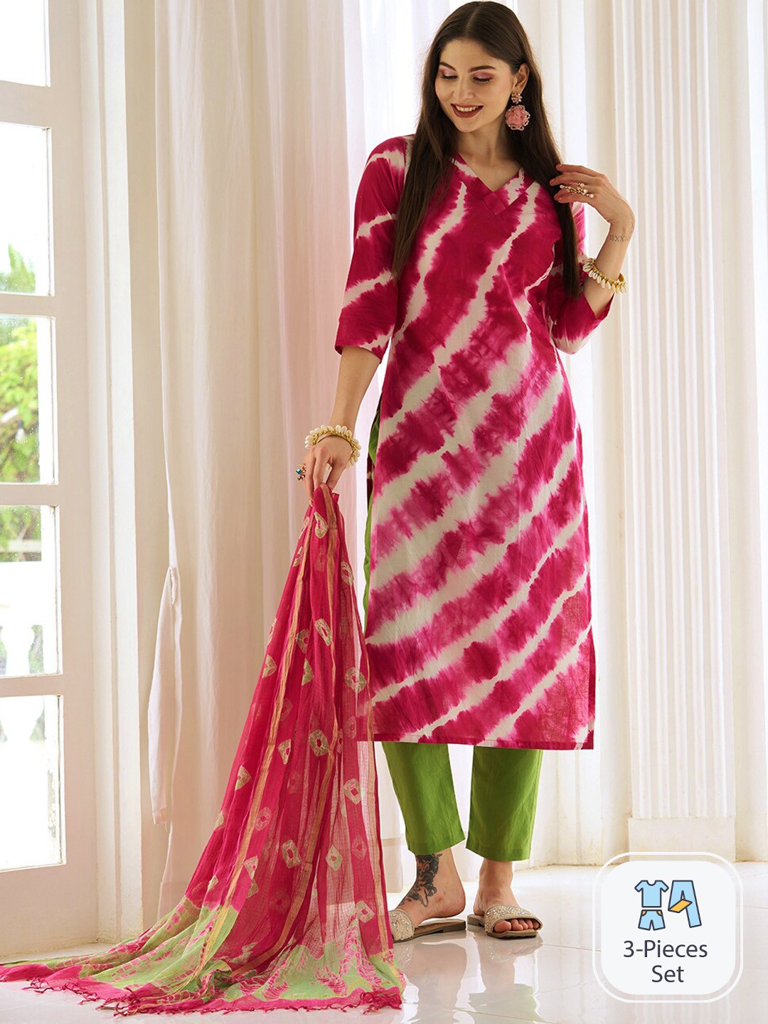 

KALINI Tie & Dye Printed Regular Kurta With Trousers & Dupatta, Pink