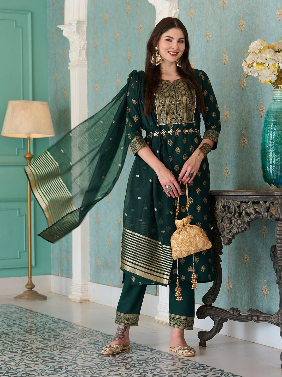 

KALINI Ethnic Motifs Printed Regular Kurta with Trousers & Dupatta, Green