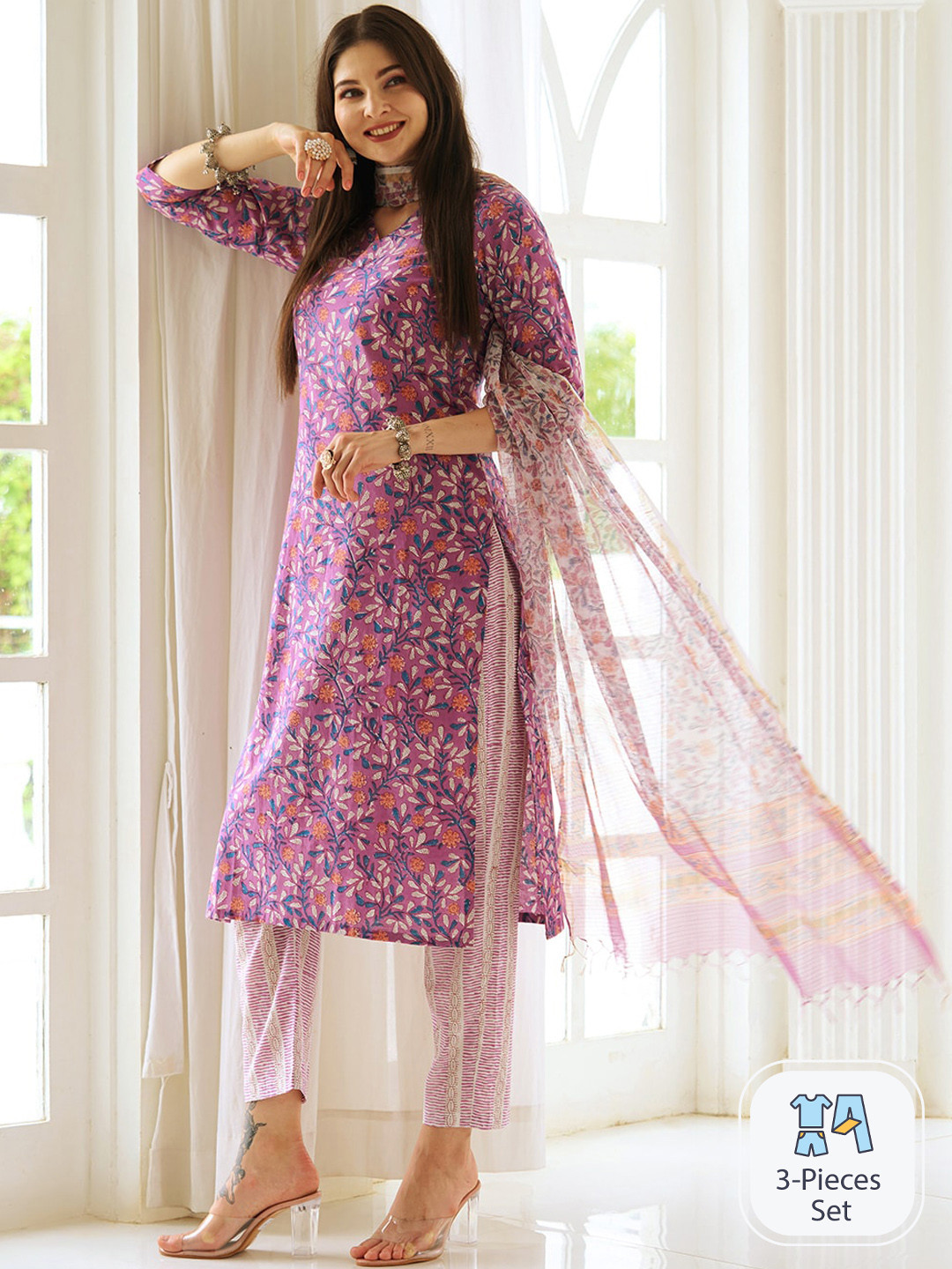 

KALINI Floral Printed V-Neck Straight Kurta with Trousers & With Dupatta, Purple