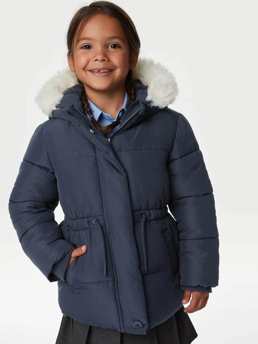 

Marks & Spencer Girls Colourblocked Hooded Faux Fur Trim Longline Parka Jacket, Navy blue