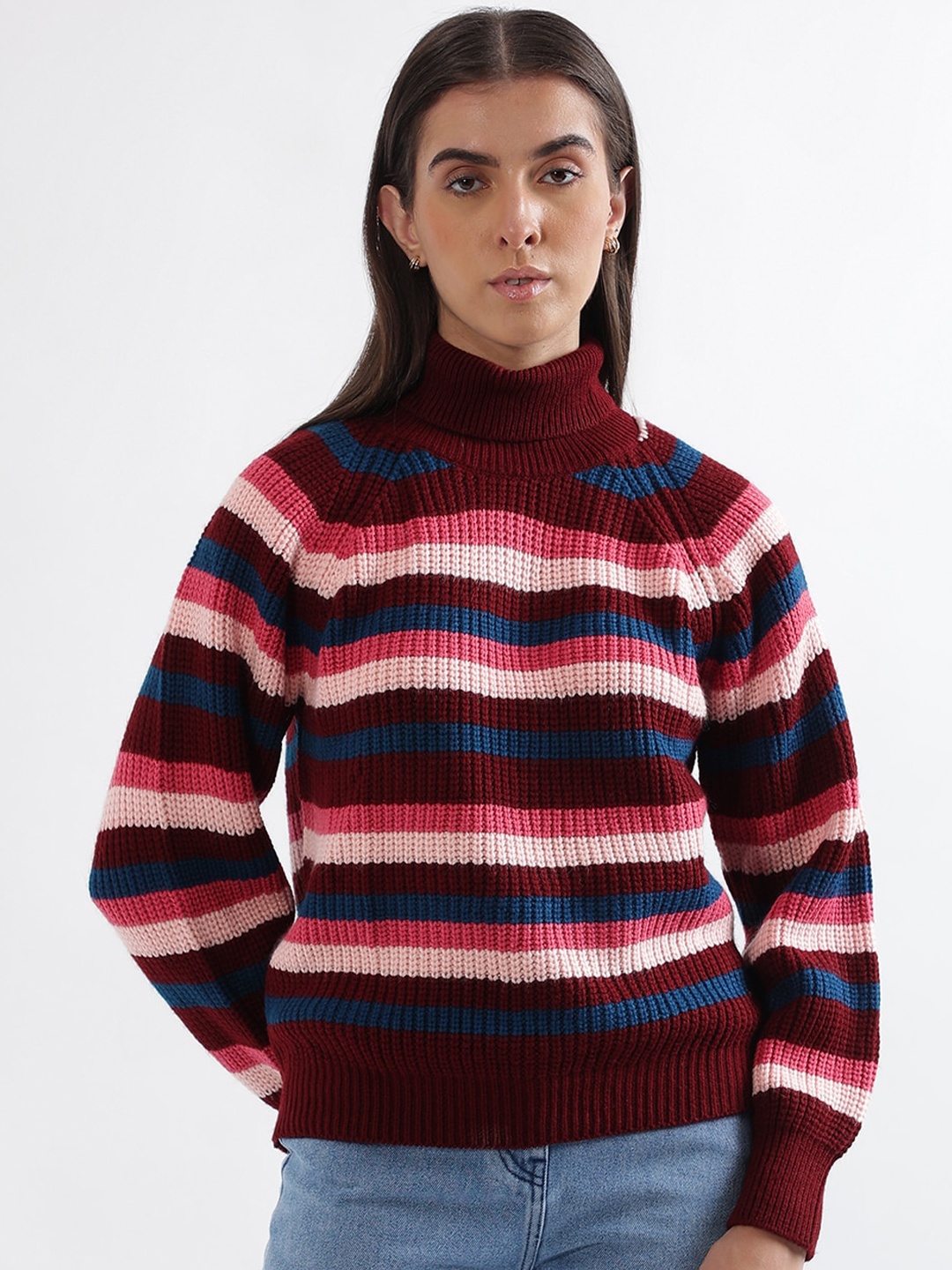 

ELLE Striped Turtle Neck Long Sleeve Acrylic Pullover Sweater, Red
