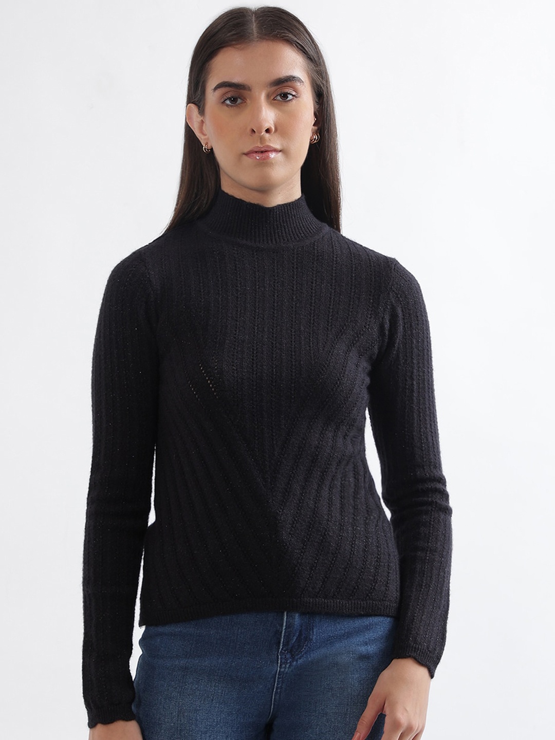 

ELLE Mock Collar Long Sleeve Acrylic Pullover Sweater, Black