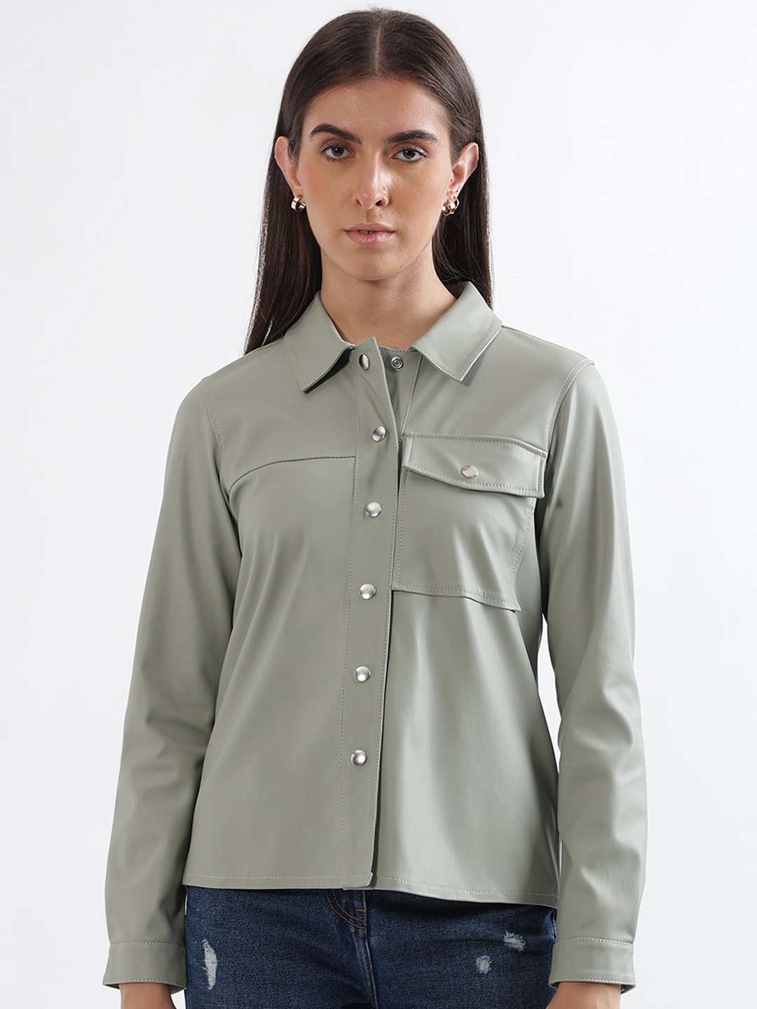 

ELLE Cuffed Sleeves Shirt Style Top, Sea green