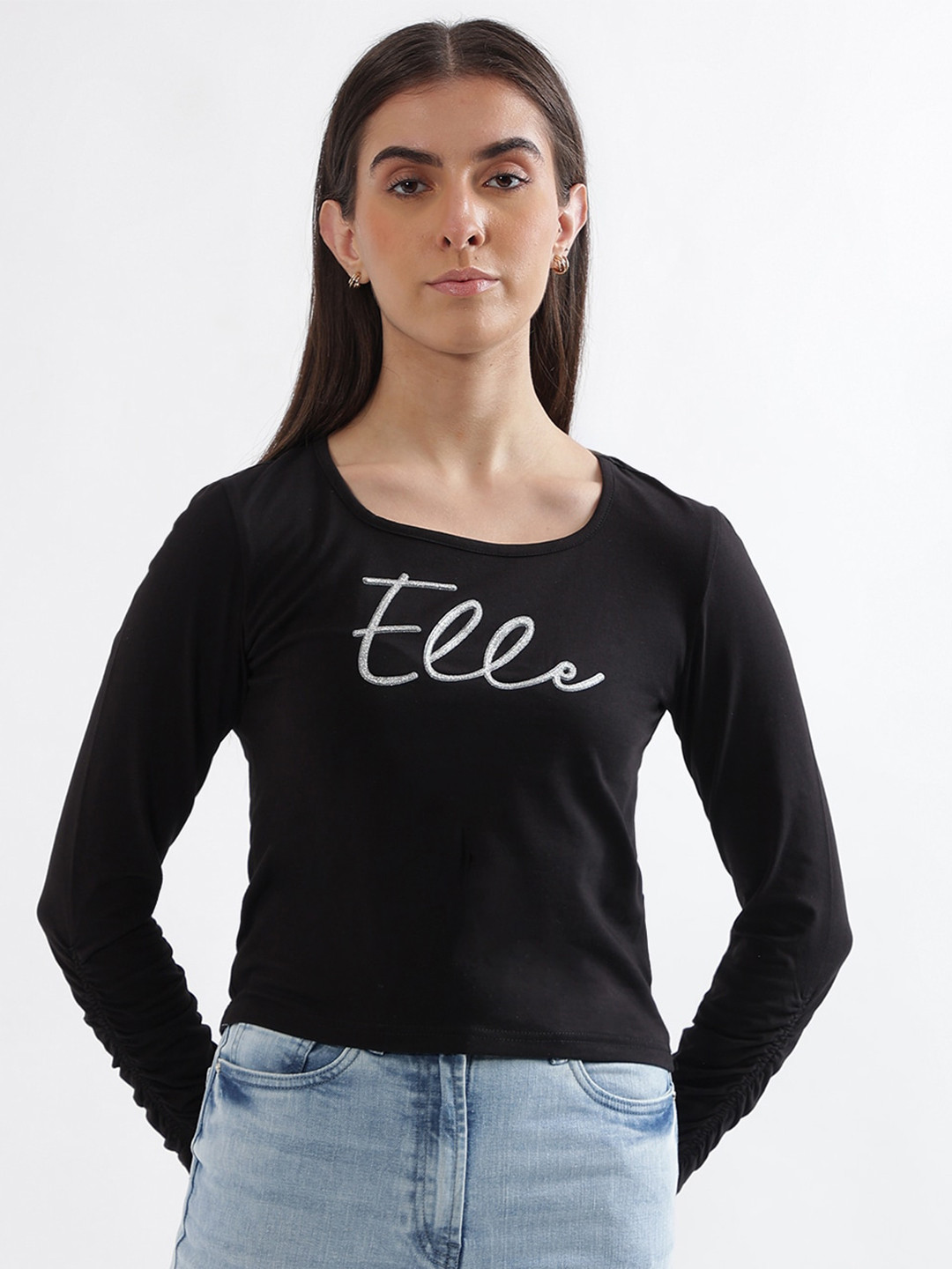 

ELLE Typography Printed Round Neck Fitted Pure Cotton Top, Black