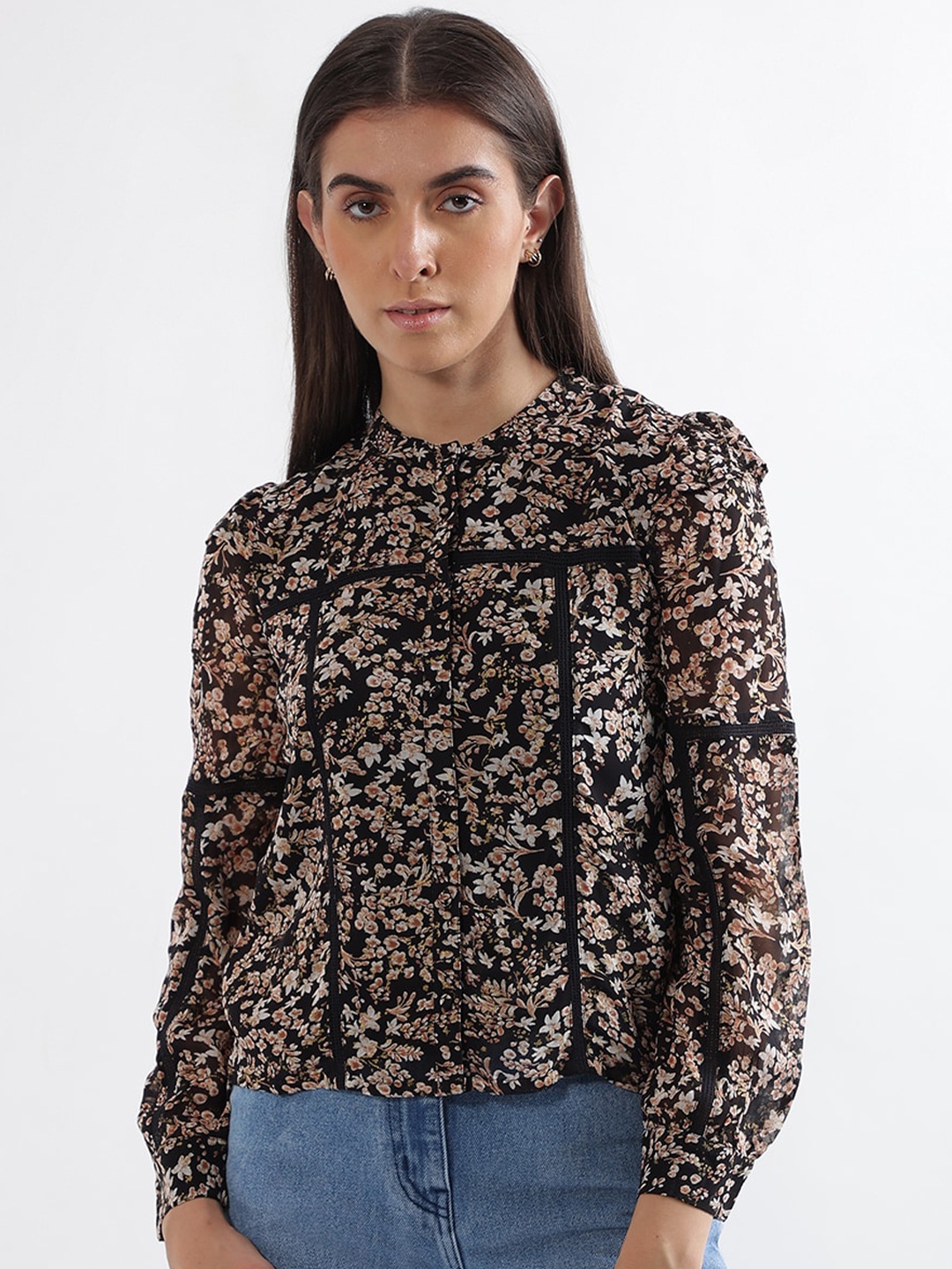 

ELLE Floral Printed Mandarin Collar Shirt Style Top, Black