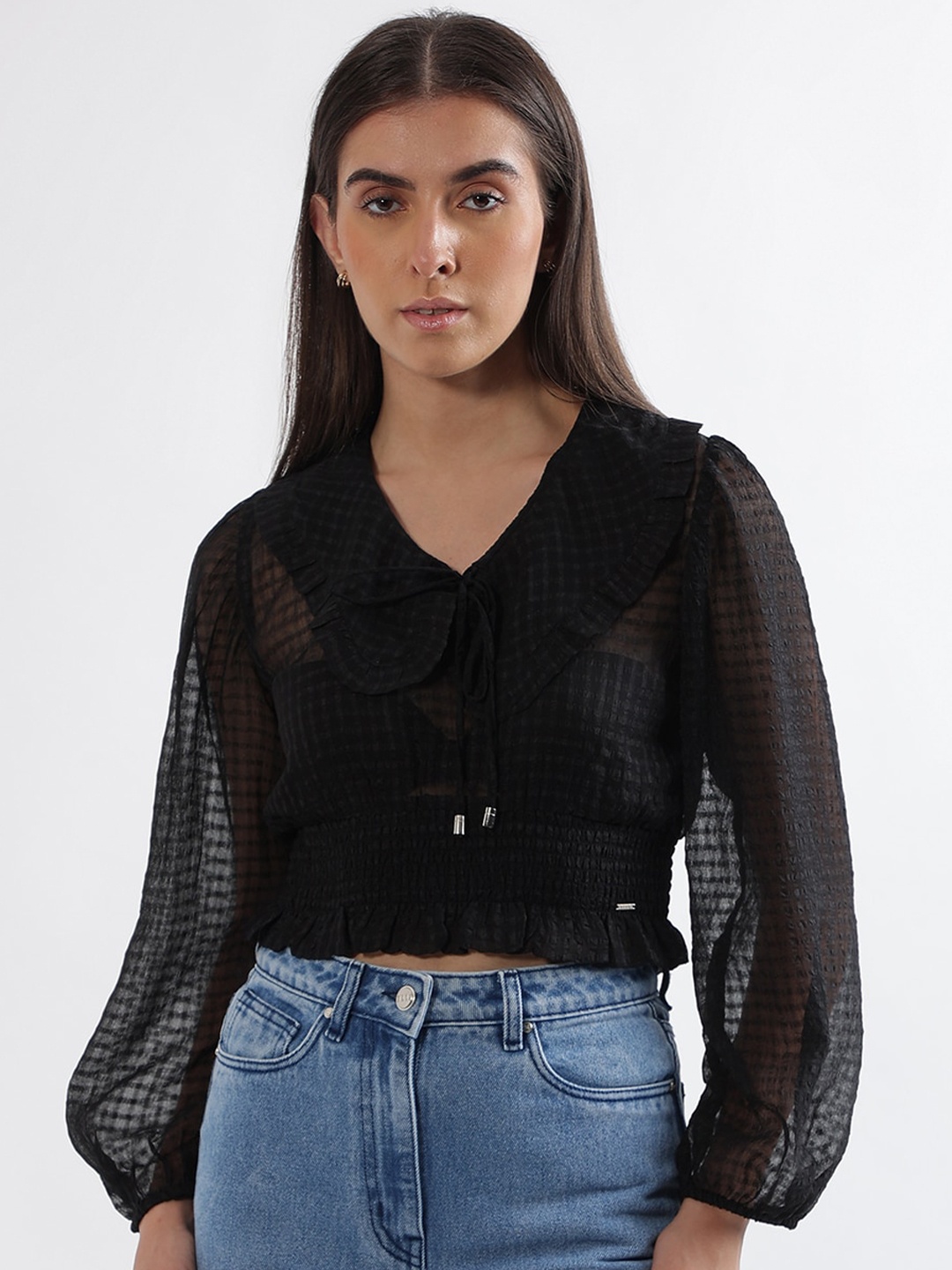 

ELLE Self Design Above the Keyboard Collar Puff Sleeve Smocked Crop Cinched Waist Top, Black