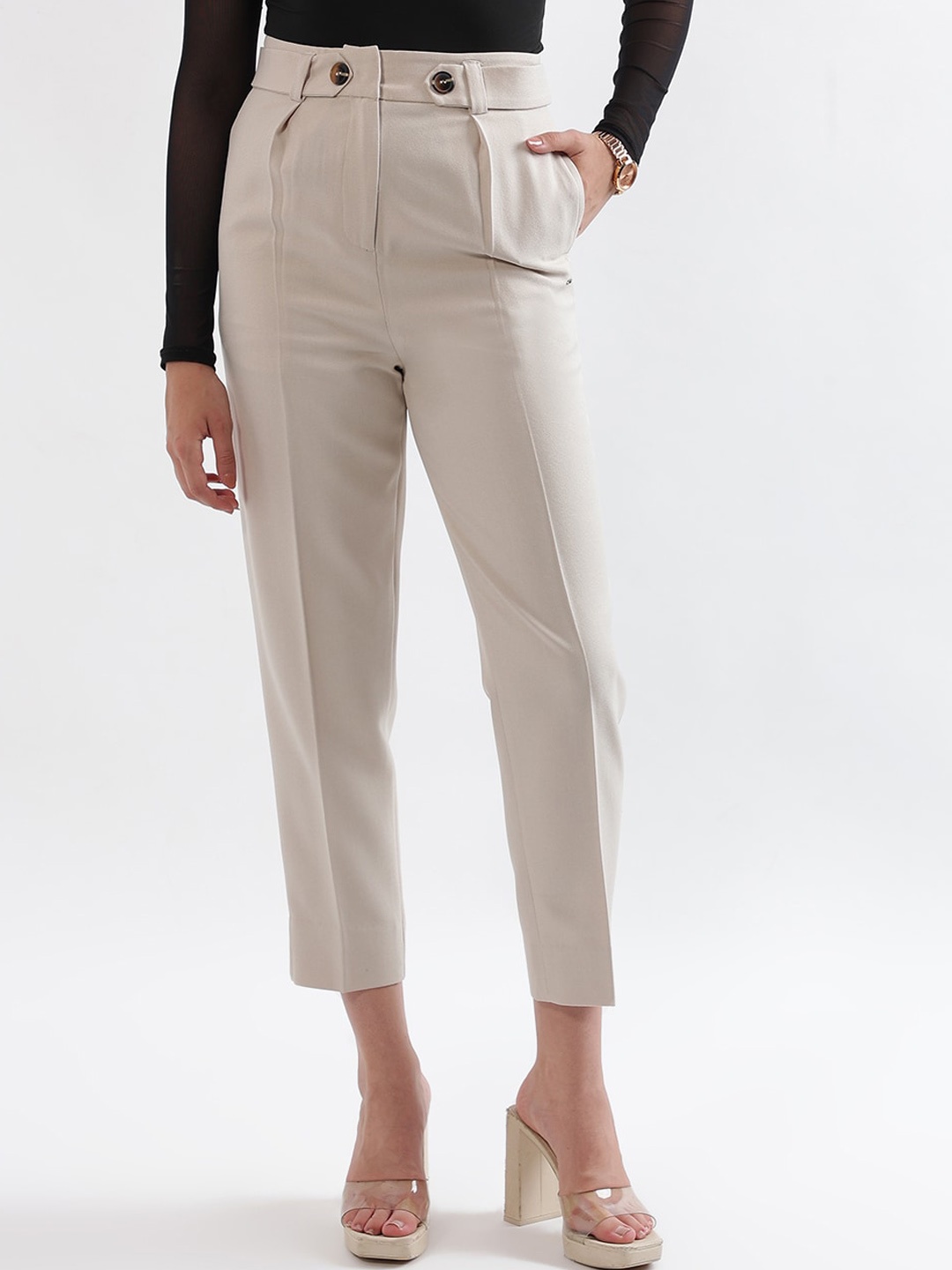 

ELLE Women Mid Rise Plain Cropped Trousers, Beige