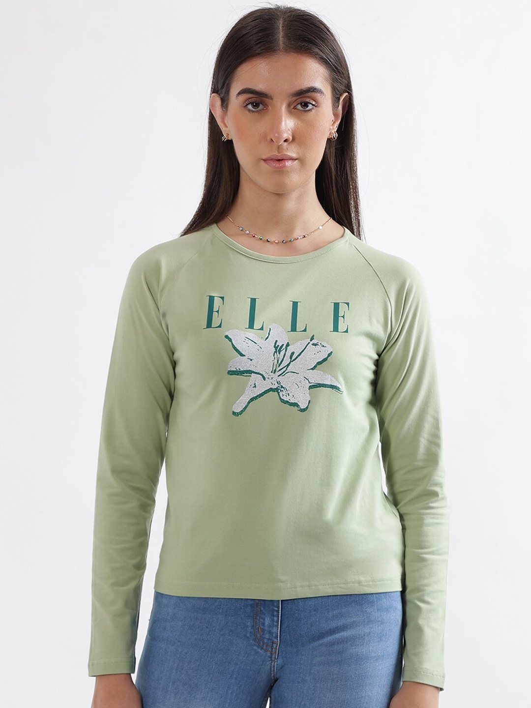 ELLE Graphic Printed Slim Fit Cotton Regular T-shirt, Green