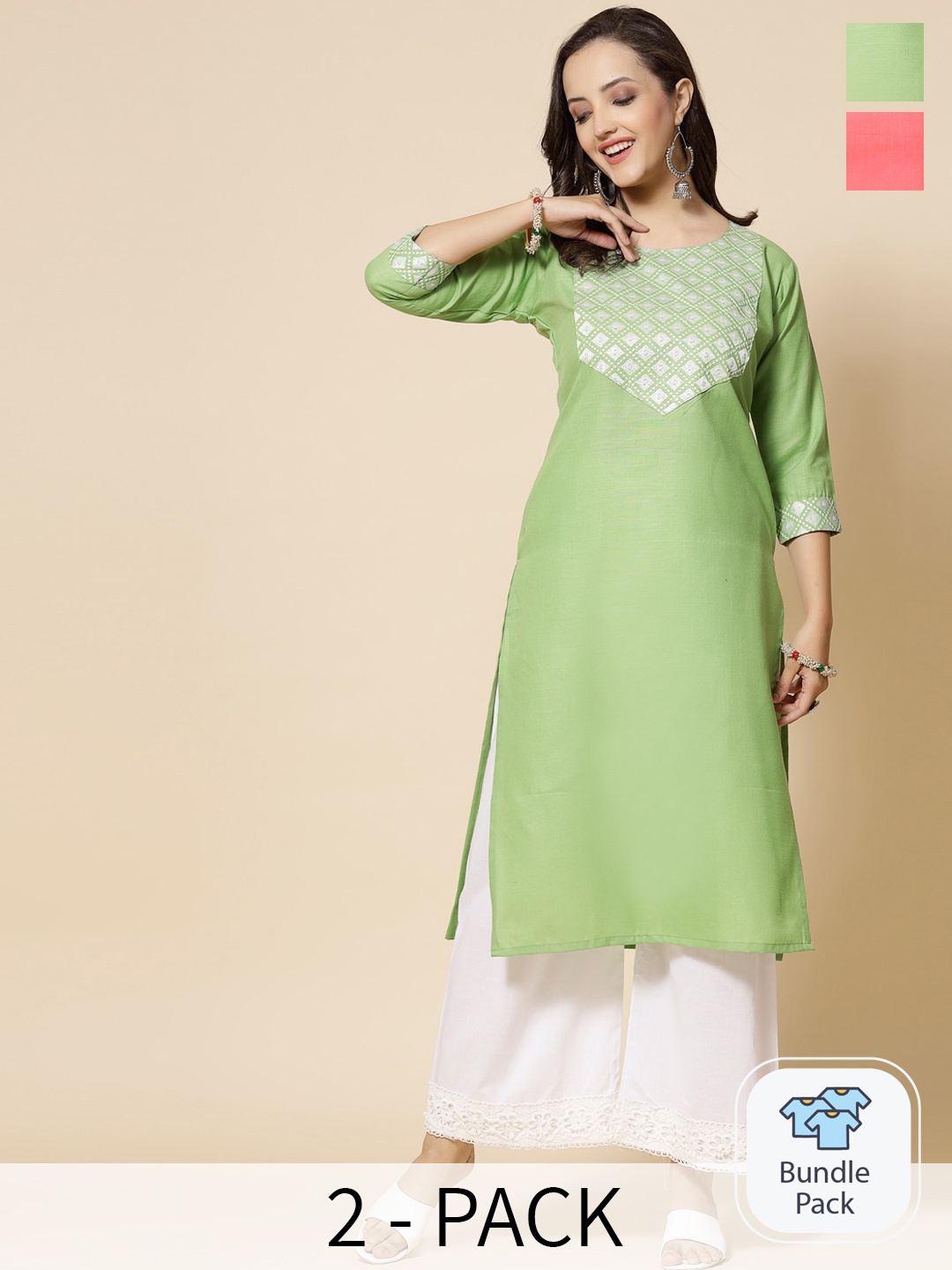 

KALINI Selection Of 2 Ethnic Motifs Yoke Design Thread Work Cotton Kurta, Green
