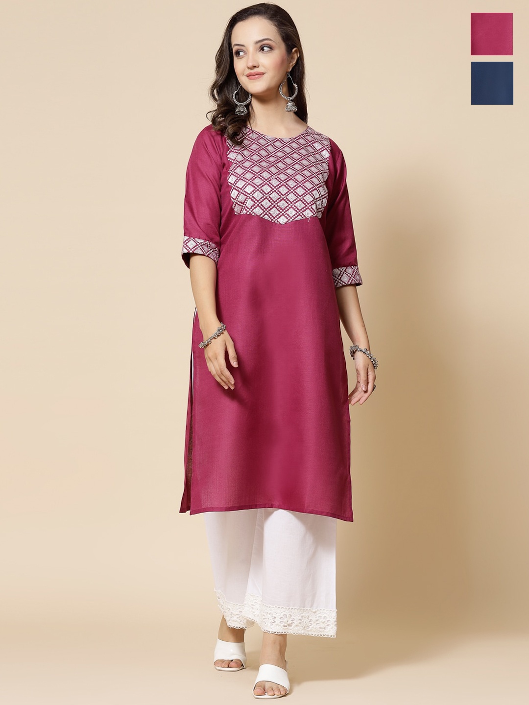 

KALINI Selection Of 2 Ethnic Motifs Yoke Design Thread Work Cotton Kurta, Pink