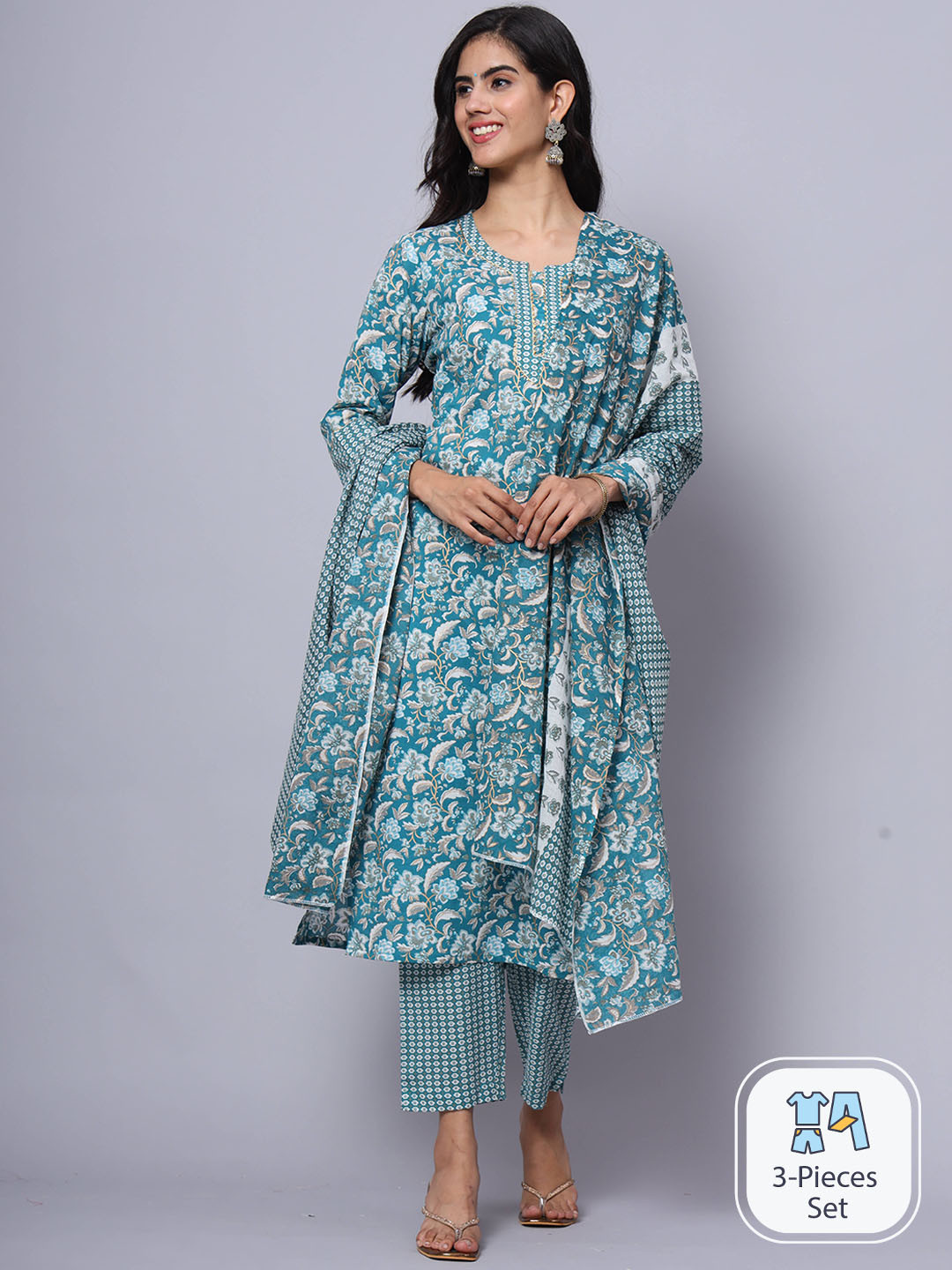 

LARGISH Floral Printed Regular Gotta Patti Pure Cotton Kurta with Trousers & With, Turquoise blue