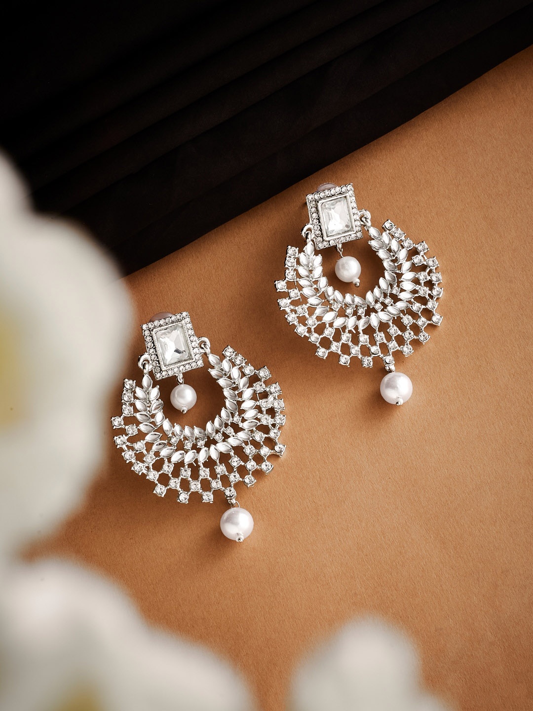

ATIBELLE Silver Plated Artificial Stones Contemporary Chandbalis With Pearl Drop Earrings, White